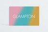 Colorful card with 'GLAMPTON' text on a light gray background