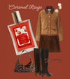 Fashion-style layout with a brown suede jacket, matching brown mini skirt, leopard-print handbag, black knee-high boots, eyeglasses, pearl earrings, and a bottle of Glampton Caramel Rouge Shimmer Fragrance Mist on a deep caramel background.