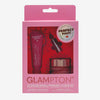 Glampton Perfect Pout lip peptide serum and overnight lip mask kit in pink packaging with serum tube and jar visible through the window