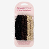 Glampton set of six satin scrunchies in black, brown, and cream displayed on branded card packaging against a light background.