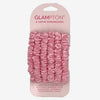 Glampton set of six satin scrunchies in solid pink displayed on branded card packaging against a light background.