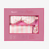 Glampton Satin Sleep Set Pink Stripes boxed set with pillowcase eye mask and scrunchies.
