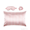 Glampton Satin Sleep Set Pink Stripes pillowcase eye mask and scrunchie.