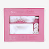 Glampton Satin Sleep Set in White inside the closed box showing the pillowcase eye mask and scrunchies