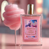 Glampton Sweet Sugar Shimmer Fragrance Mist bottle beside a fluffy pink cotton candy stick on a soft pink background.