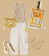 Fashion-style layout with a sleeveless beige knit top, white pants, gold purse, gold ring, beige shoes, and a bottle of Glampton Vanilla Sun Musk Shimmer Fragrance Mist on a beige background.
